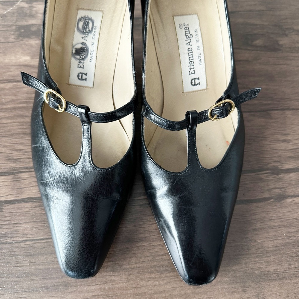 Etienne Aigner Retro Leather Black T-Strap Athena Heels Women's Size 7M - Picture 3 of 10